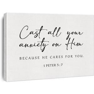 Bible Verse Canvas Print Decor Cast All Your Anxiety on Him 1 Peter 5 : 7 Wall Painting Posters Artwork 12X15Modern Home Office Decoration (Framed)