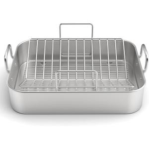 Stainless Steel Roasting Pan, 17*13 Inch Turkey Roaster with Rack - Deep Broiling Pan & V-shaped Rack & Flat Rack, Non-toxic & Heavy Duty, Great for Thanksgiving Christmas Roast Chicken Meat Lasagna