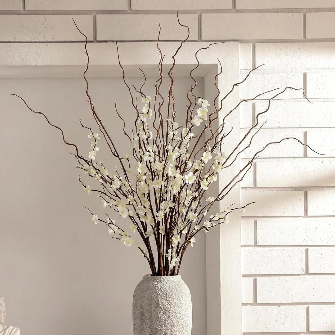 Daifunli 8 Pcs 38 Inch Artificial Flowers Cherry Blossom 45 Inch Curly Willow Branches for Spring Summer Indoor Decoration Faux Long Stem Silk Plum Blossom for Wedding Home Office Hotel Vase Decor