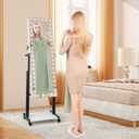 3-Color 46 LED Lights Mirror Jewelry Cabinet Armoire Adjustable Height with Wheels