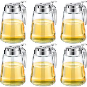 Mimorou Syrup Dispenser Set of 6 Glass Bottle Honey Maple Syrup Pitcher with Retracting Spout Plastic Lid Containers for Restaurants Sugar Pancake Coffee, 12 oz