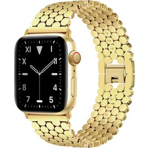 JR.DM Gold Bands Compatible with Apple Watch 38/40/41/42mm for Women, Dressy Designer Metal Honeycomb Luxury Elegant Strap Replacement for iWatch Series 10