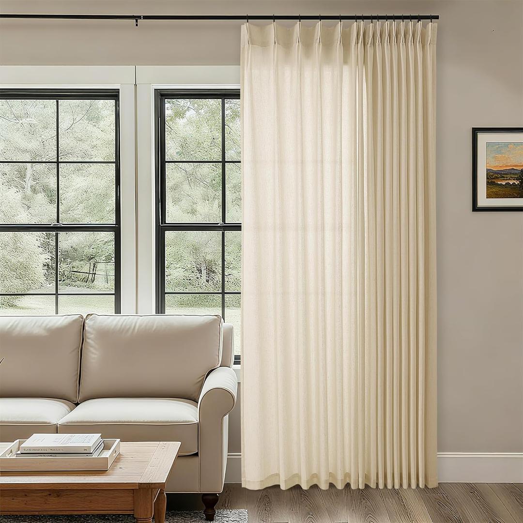 Beige Patio Sliding Door Curtains 100 Width 102 Inches Long Pinch Pleated Drape with Hooks Rings Light Filtering Semi Sheer Farmhouse Extra Wide 100x102 Curtain Panel for Living Dining Room