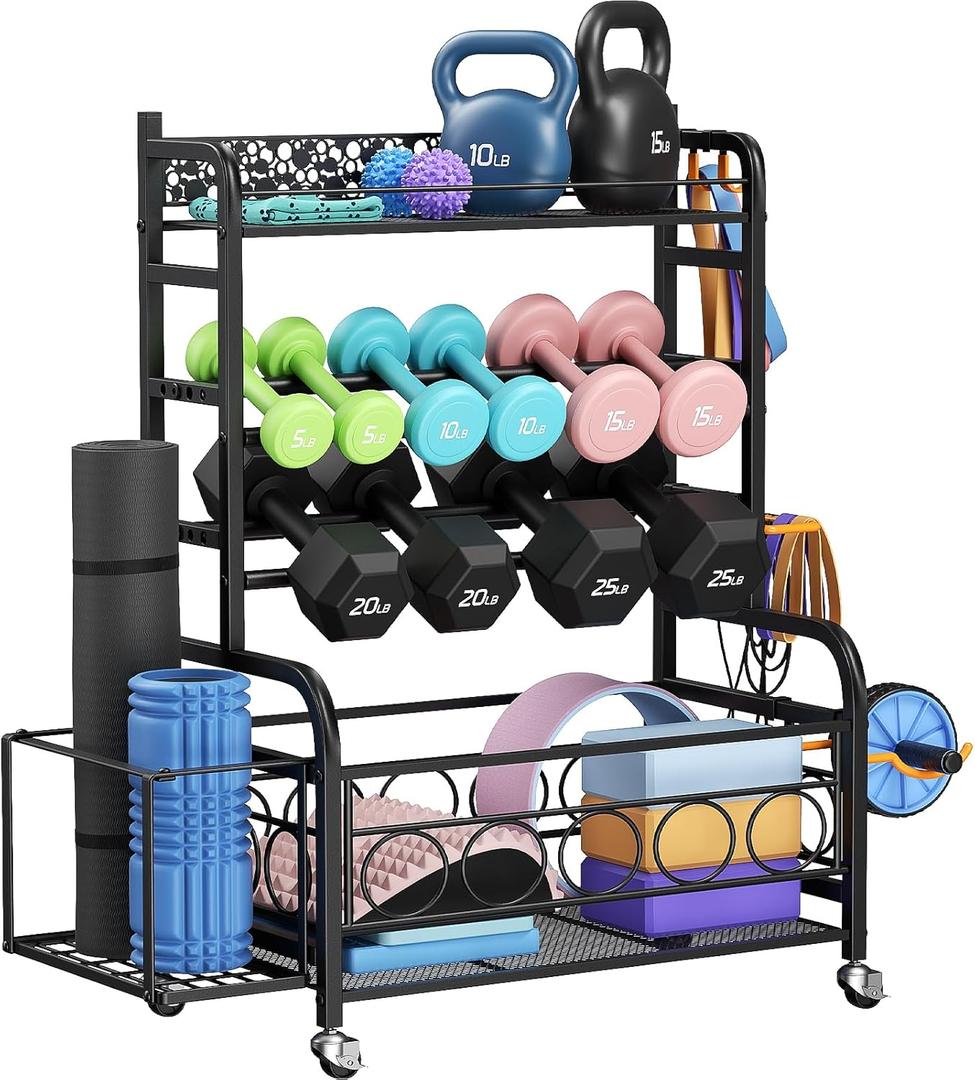 Dumbbell Rack, VOPEAK Weight Rack for Home Gym, Home Gym Storage Rack for Yoga Mat Kettlebells and Strength Training Equipment, Weight Storage Rack for Dumbbells with Wheels (Black)