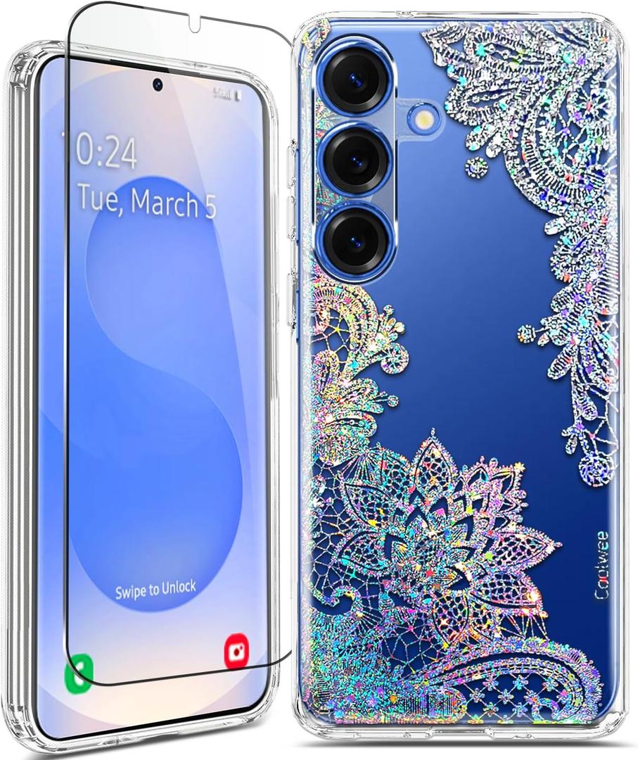 Coolwee Clear Glitter for Samsung Galaxy S25 Plus Case 6.7 inch, Shockproof Thin Flower Slim Cute Crystal Lace Bling Women Hard Back Soft TPU Bumper Protective Cover for Samsung S25 Plus Mandala Henna