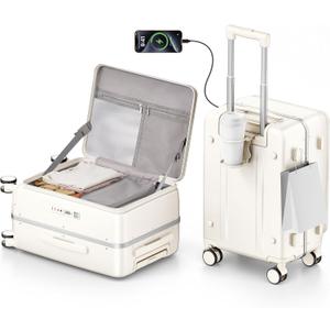 20IN Carry On Luggage,Top Opening Aluminum Frame Hardside 100% PC Airline Approved Suitcase -with TSA Lock,Cup Holder,USB Charge,Side Pothook, 360Spinner Wheels-Milky White