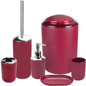 Bathroom Accessories Set, 6Pcs Bathroom Accessory Set Includes Toothbrush Holder, Soap Dispenser, Soap Dish, Toothbrush Cup, Toilet Brush, Trash can for Bathroom Countertop Decor(Burgundy)