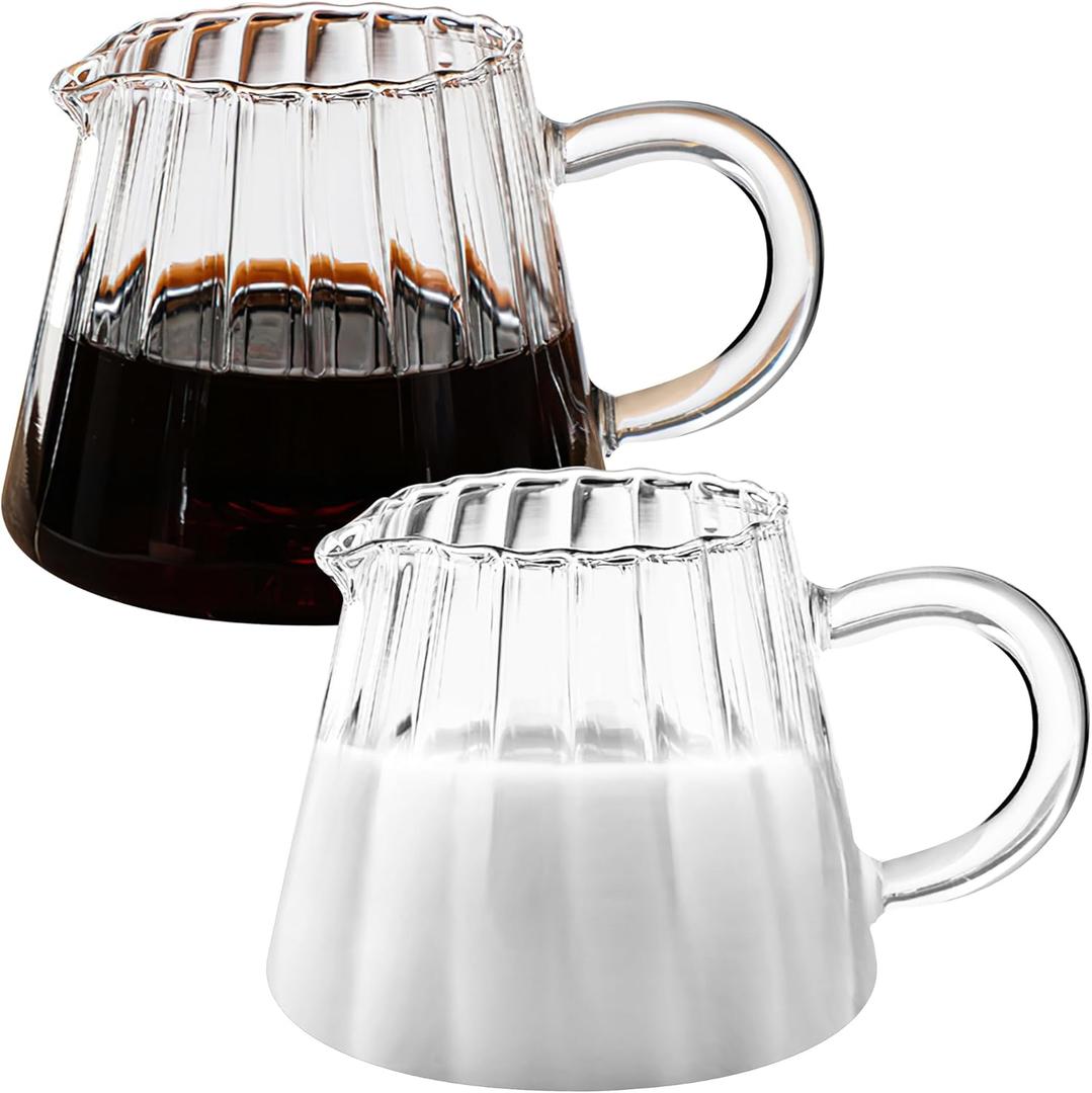 Loscarol 2 Pcs Small Glass Pitcher - Elegant Wave Shaped Creamer Pitcher for Coffee, Milk, Tea, 6 oz Milk Frothing Cup Creamer Jug for Kitchen (Clear)