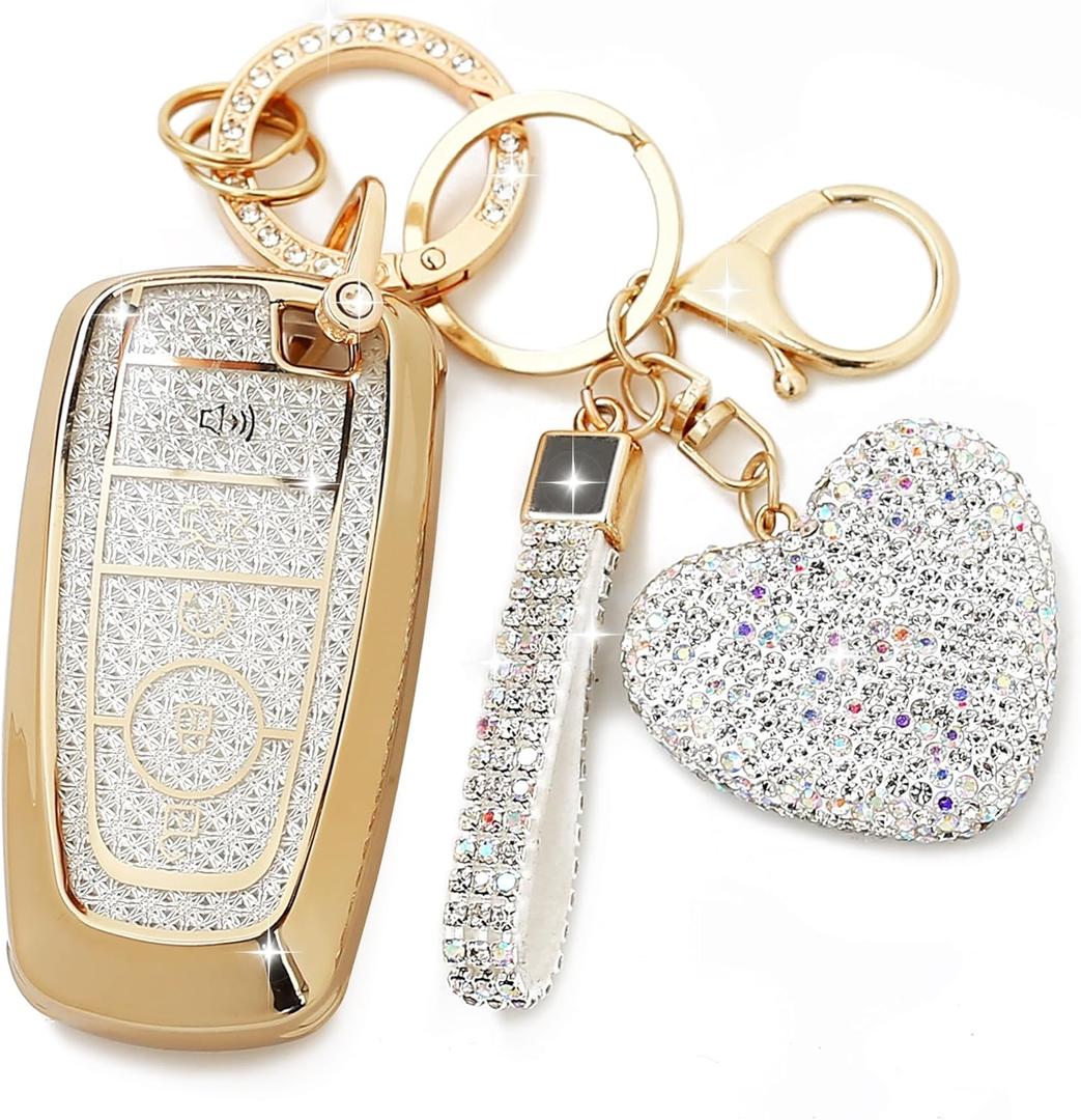 Key Fob Cover with Diamond Keychain, Compatible with Ford Explorer Fusion Edge Expedition F150 F250 F350 F450 F550 Maverick Mustang Car Key Shell (5 Buttons-Silver Heart)