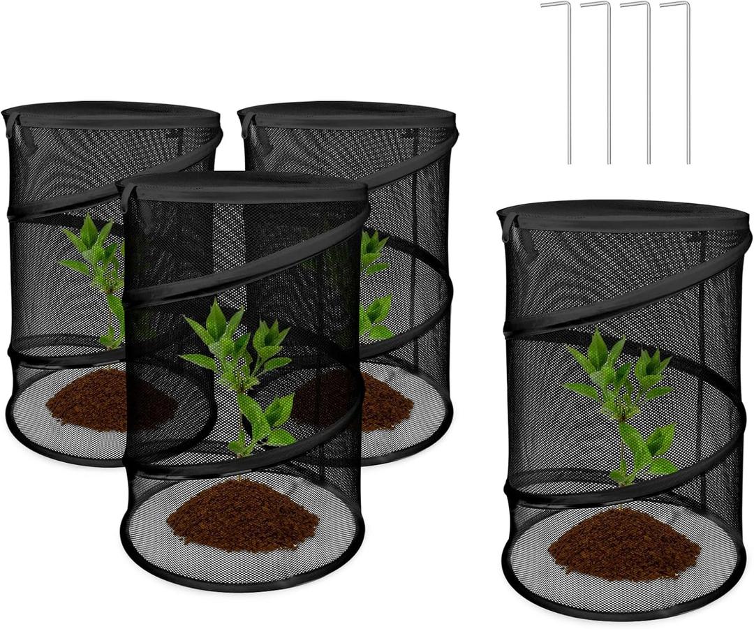 Pop up Plant Cover Net, 4 Pack Black Round Foldable Net Cover to Prevent Animal Damage, Garden Plant Protection Cover with Stakes for Outdoor Plants