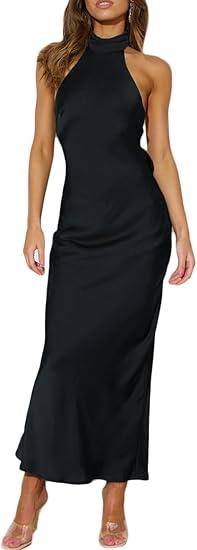 Sexy Satin Halter Neck Backless Maxi Dress for Women Elegant Tie Cowl Back Formal Wedding Guest Dress for Summer Black XL