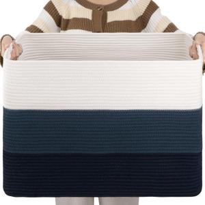 OIAHOMY 108L Large Cotton Rope Basket, Rectangle Woven Baskets for Storage, Nursery Blanket Storage Living Room, Toy Basket With Handle-25x16x16-Gradient Blue