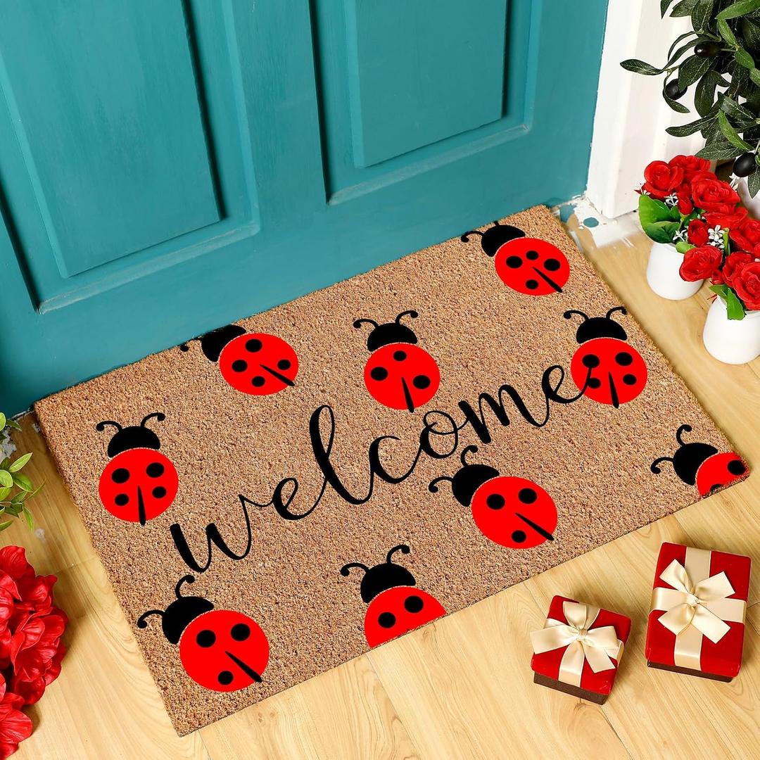 Ceenna Summer Ladybug Welcome Doormat Ladybug Coir Doormat with Non Slip Backing Summer Mat Front Porch Rugs for Home Entrance Anniversary, 16 x 24 Inches