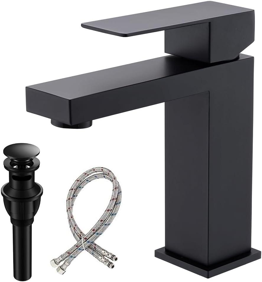 Matte Black Bathroom Faucet, Modern Single Handle Square Bathroom Sink Faucet with Pop Up Drain Assembly, Stainless Steel Vanity Bathroom Faucets, Single Hole Deck Mount,BF011B