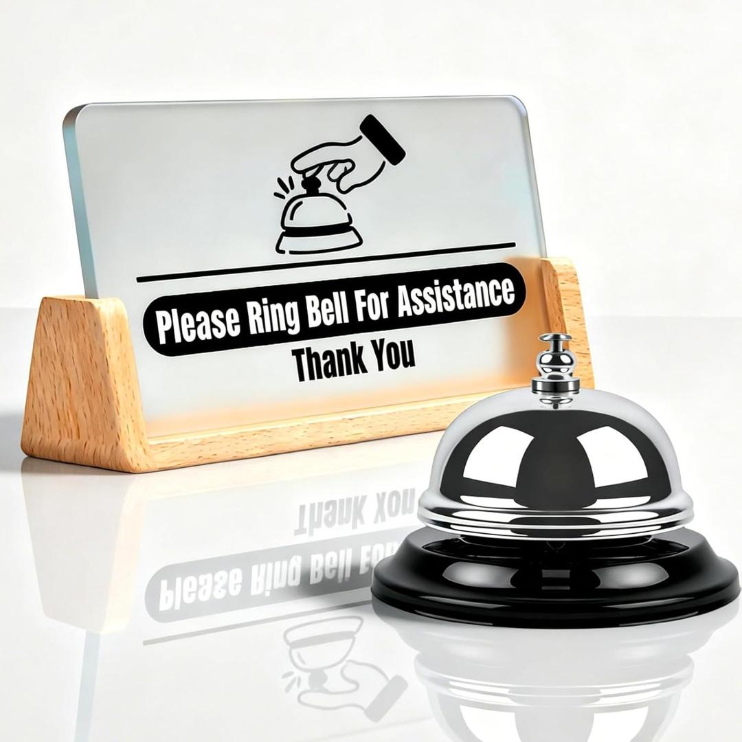 Desk Service Bell Kit - with "Please Ring Bell for Assistance" Sign - Suitable for Front Desk Reception in Shops, Offices, Warehouses, and Small Hospitals