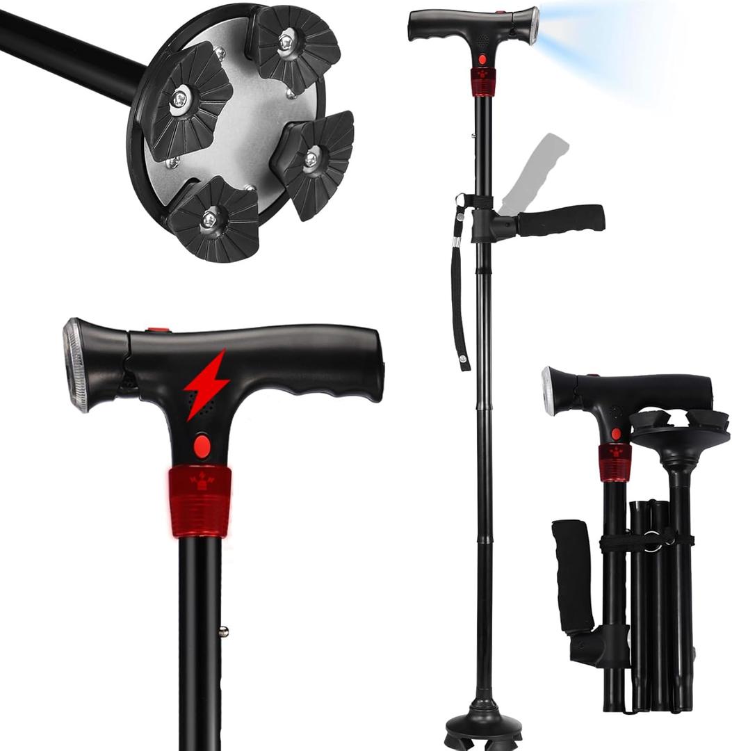Walking Cane for Men & Women with Alarm, LED Light and Foldable Handle, Foldable, Adjustable, Lightweight, Free Self Standing Walking Cane for Seniors & Adults (black)