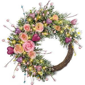 Pink Heart Rose Wreath, 21in Spring Summer Wreath with 8 Modes LED Lights for Front Door