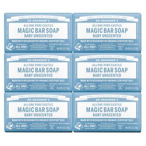 Dr. Bronner's Pure-Castile Magic Bar Soap (Baby Unscented, 5 oz, 6-Pack) - Made with Regenerative Organic Certified Oils, For Face, Body & Hair, Gentle for Sensitive Skin - Vegan, Non-GMO