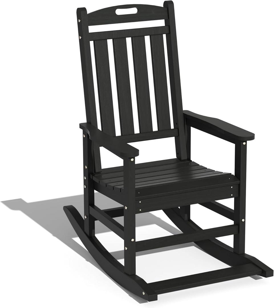 LOUNZY Outdoor Rocking Chair, HDPE Patio Rocking Chair with Footboard for Adults, All Weather Heavy Duty Front Porch Rocker, Black (Set of 1)