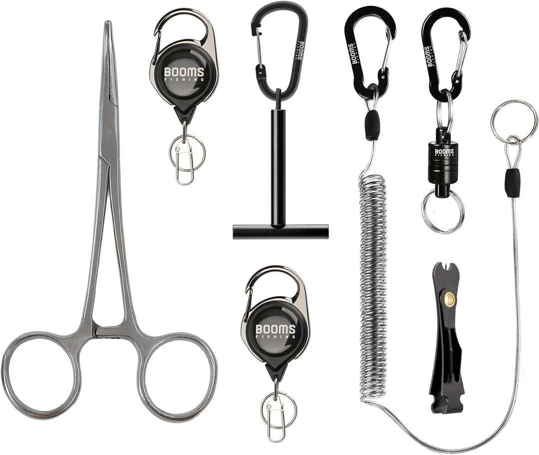 Booms Fishing FF3 7 PCS Fly Fishing Tools Kit, Fishing Knot Tool and Line Clipper Retractor, Magnetic Net Release with Lanyard, Fly Fishing Tippet Spool Holder, Hook Remover Forceps (Black)