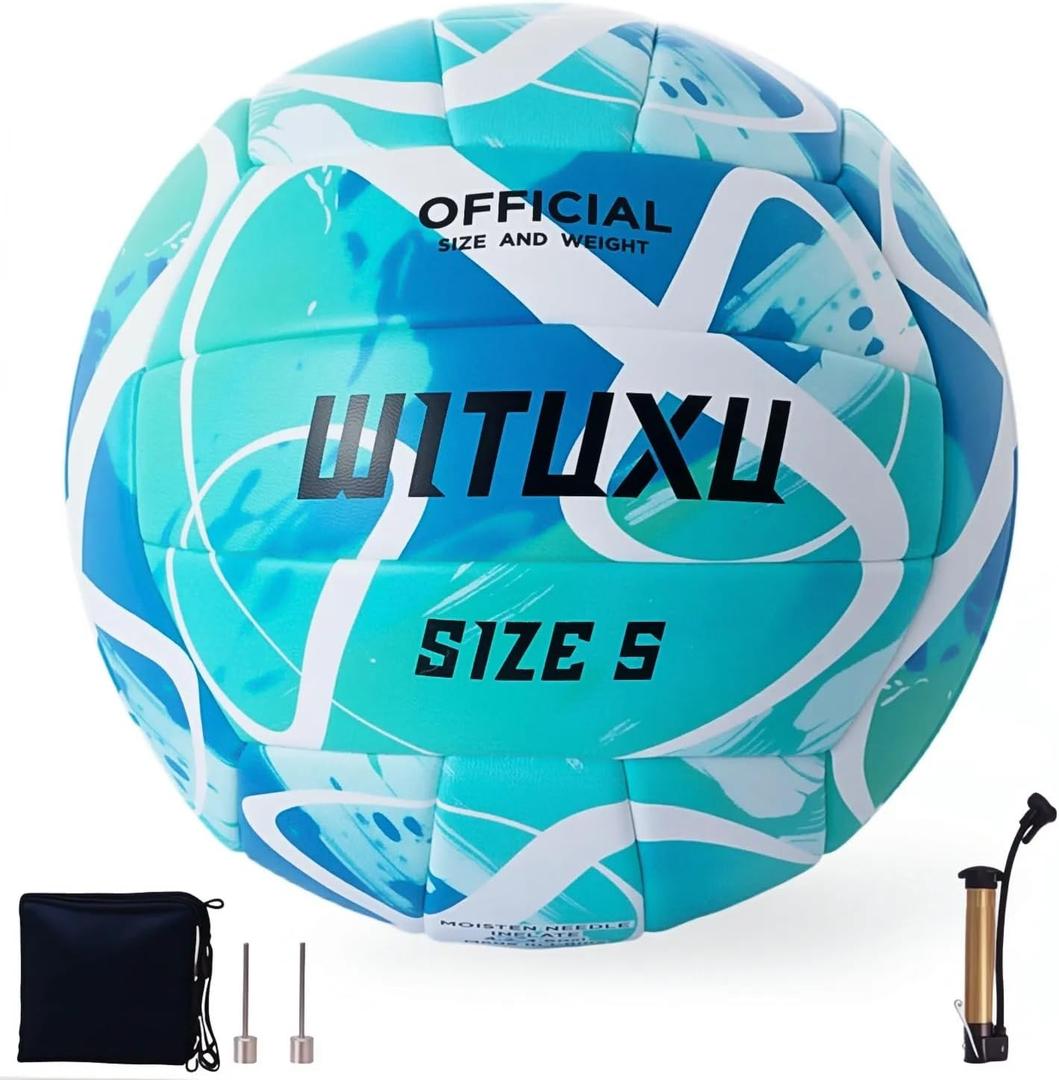 Official Size 5 Volleyball, Soft Touch Waterproof PU Leather Cover & Reinforced Rubber Bladder - for Indoor, Outdoor, Pool, Beach - Includes Air Pump & Inflation Needle