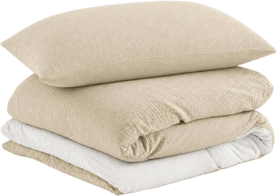 EMME Cotton Muslin Duvet Cover Set Queen Size Linen Like Soft Breathable Lightweight Summer Comforter Cover Set with Zipper Closure (Light Tan&White, Queen, 90"x90")