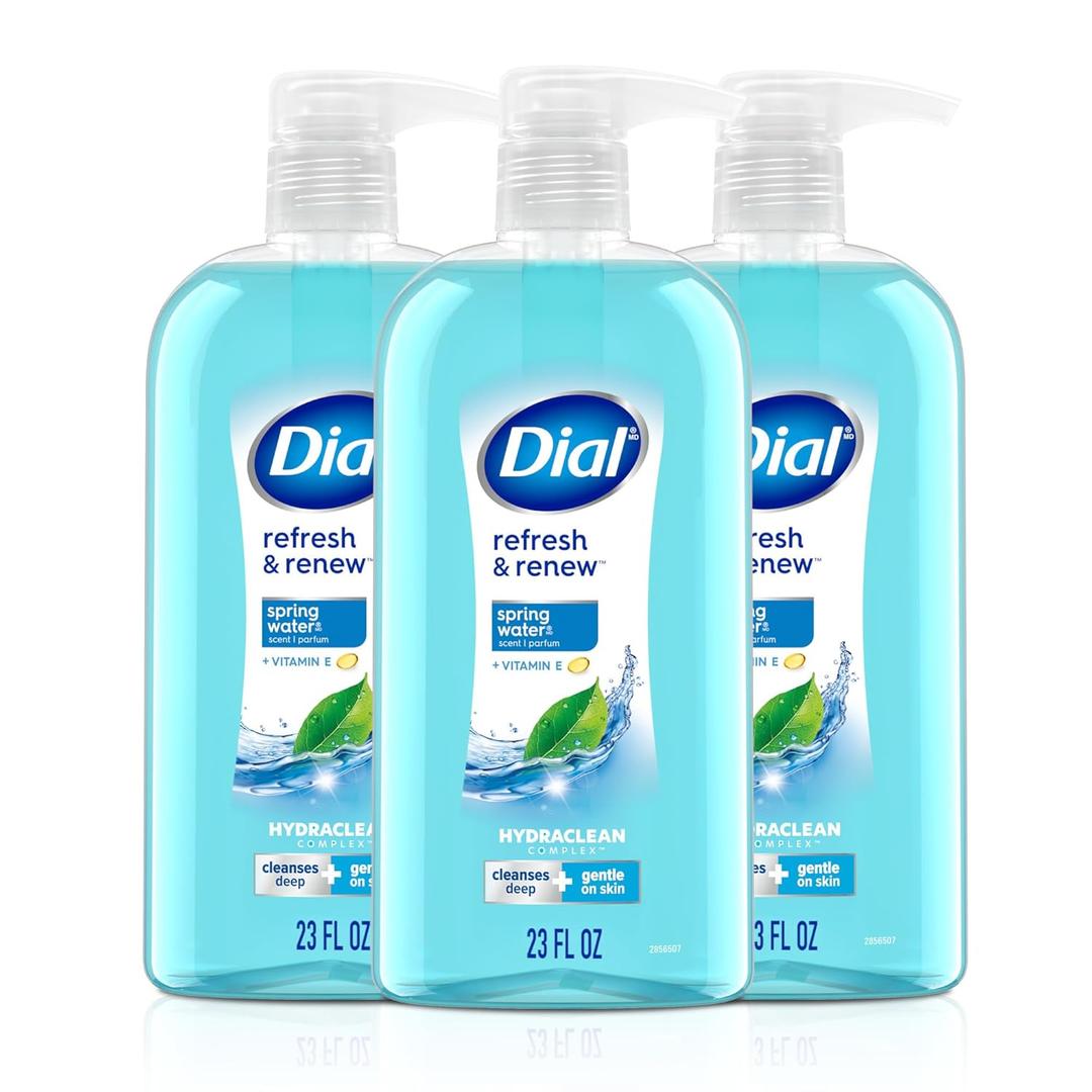 Dial Body Wash, Refresh & Renew Spring Water, 23 Fl Oz (Pack of 3), Hydraclean Complex & Vitamin E, Gentle, Leaves Skin Feeling Nourished, Dermatologist-Tested, No Parabens & Sulfates