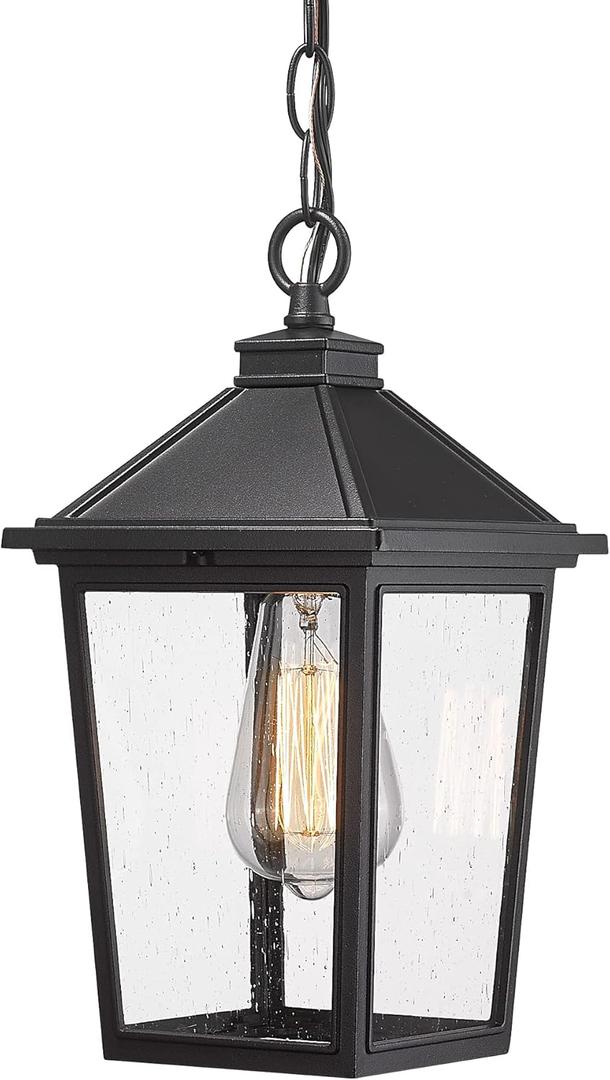 Outdoor Pendant Lights, HWH Farmhouse Exterior Hanging Porch Light, Outside Hanging Lantern with Height Adjustable Chain, Matte Black Finish with Seeded Glass, 5HX64H BK