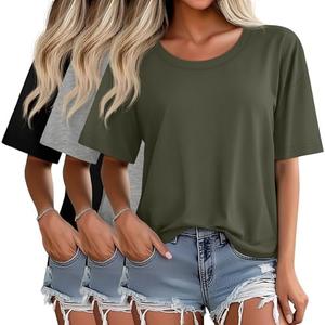 Ficerd 3 Pack Women's Oversized Half Sleeve T Shirt Crew Neck Cotton Elbow Length Tops Loose Fit Casual Summer Basic Tees L