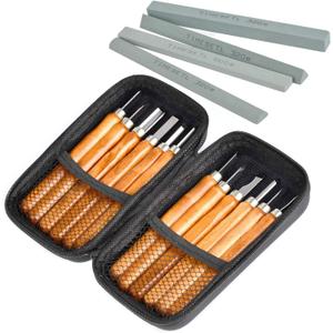 TIMESETL 17Pack Small Wood Carving Set, 12pcs Wood Carving Tools SK2 Carbon Steel + 4pcs Whetstone + 1pcs Storage Case for Beginners DIY Woodworking Sculpting Whittling with Safety Cap