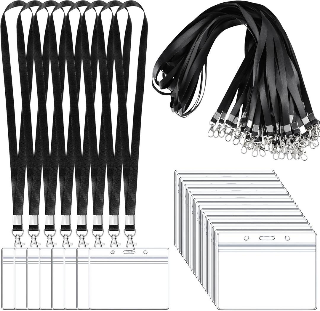 50 Pack Name Tag Lanyards with Id Holder, Clear Plastic Horizontal Name Tags Holders and Black Badge Lanyards with ID Holder for School Office Team Workers Volunteers (Black)