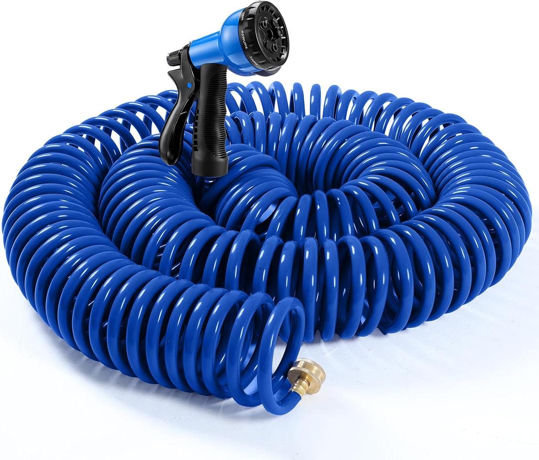 Therwen 100 ft Recoil Garden Hose, Self-coiling Lightweight Water Hose with 3/4'' Brass Connector and 8-pattern Spray Nozzle, Kink-free Spiral Hoses for Rv, Boat, Balcony and Car Washing