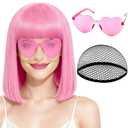 PLULON Pink Bob Wig with Bangs, Short Straight Bob Wig with Heart Sunglasses 12 Inch Shoulder Length Heat Resistant Synthetic Hair Cap for Women Natural Look Daily Use Cosplay Halloween Costume Party
