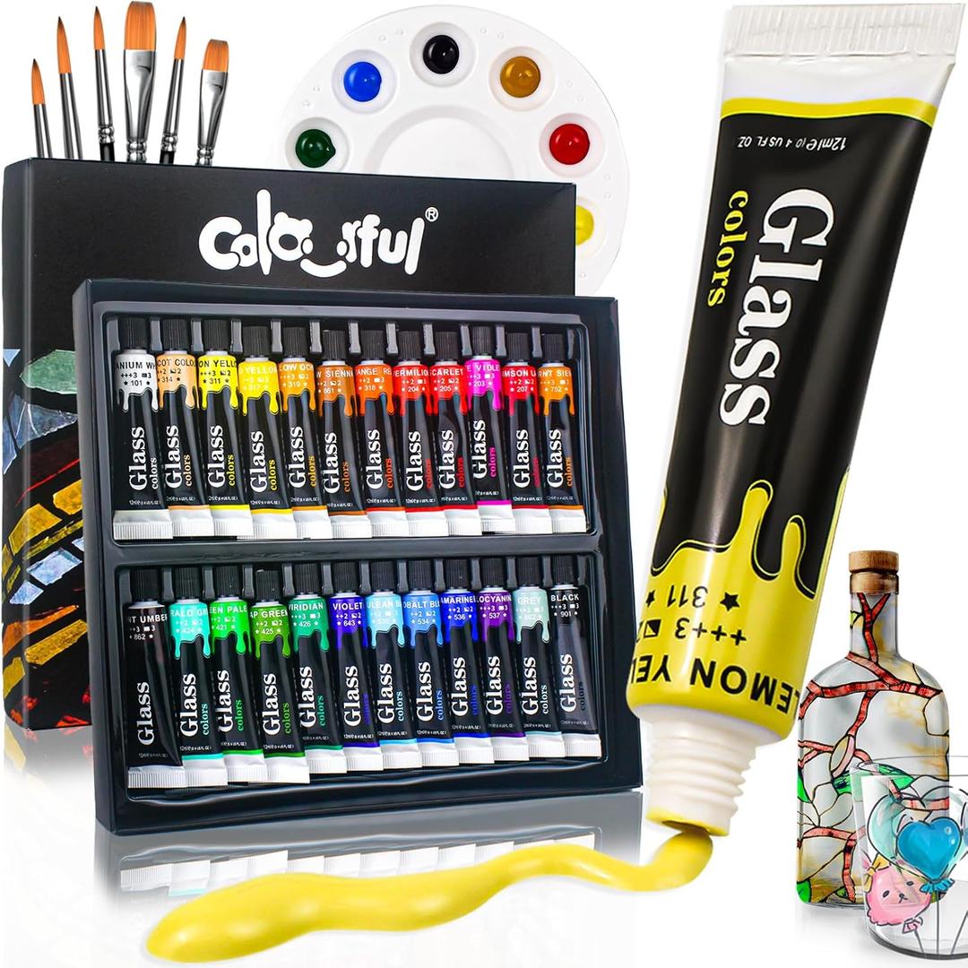 Colorful Stain Glass Paint Set with 6 Brushes, 1 Palette, 24 Color Waterproof Acrylic Enamel Painting Kit for Kids to Arts on Transparent Wine Glasses, Light Bulbs, Windows and Ceramics (0.4 Fl Oz (Pack of 24))