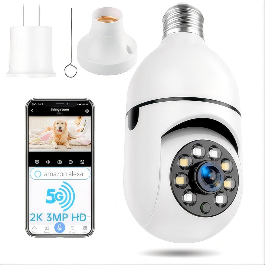 Light Bulb Security Camera, 5G WiFi Security Cameras, 2K, Light Socket, Wireless, 360 Bulb Cameras for Home Security Outside Indoor, Motion Detection, Siren Alarm, Two Way Talk, Color Night Vision.