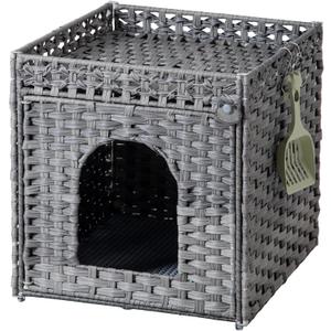 Cat Litter Enclosure with Hidden Litter Mat and Rattan Cat House, Supports Two Litter Boxes, Ideal for Living Room or Bedroom (Gray)