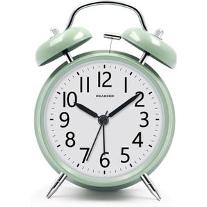 Peakeep Loud Battery Alarm Clock for Heavy Sleepers Adults Kids, Analog 4.5" Twin Bell Old School Fashioned Style for Bedrooms Living Room Decor (Avocado Green)