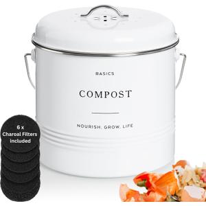 D'Lifeful Kitchen Compost Bin  1.3 Gallon Countertop Farmhouse Compost Container with Lid  Odorless Indoor Food Scrap Pail with 6 Charcoal Filters  Eco-Conscious and Easy to Clean - White