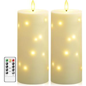 Sasigeiaa Waterproof Outdoor Candles with Timer & Remote - Battery Operated LED Candles, Realistic Flameless Plastic Pillar, Pack of 2 (4" D x 10" H, Ivory) for Patio, Garden Camping Rainy Weather