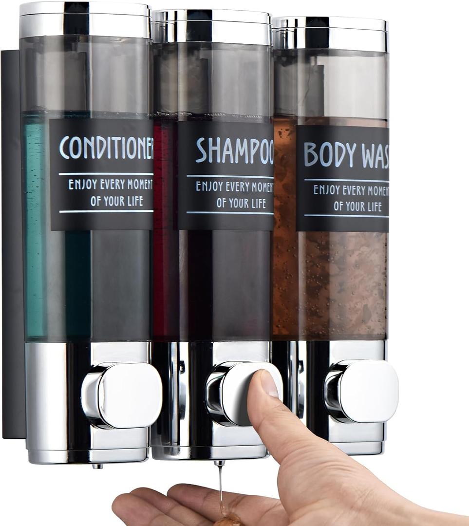 Shampoo and Conditioner Dispenser,GlintGath Shower Dispenser 3 Chamber No Drill Shampoo Dispenser for Shower Wall Mounted Shower Soap Dispenser for Bathroom Hotel,3 * 300ML,Chrome