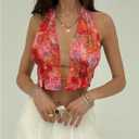 GORGLITTER Women's Floral Halter Top Y2k Mesh Ruffle Tie Backless Sleeveless Going Out Crop Tops (M)