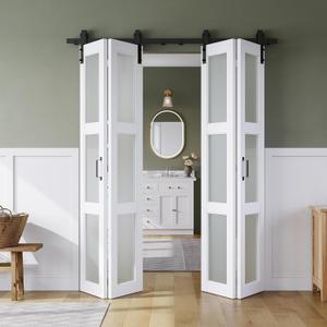 SMARTSTANDARD 64in x 84in Bifold Barn Door, Frosted Glass Barn Door with Hardware Kit Included, Pre-Drilled Holes Easy Assembly -Solid Barn Doors Slab Covered with Water-Proof PVC Surface, White