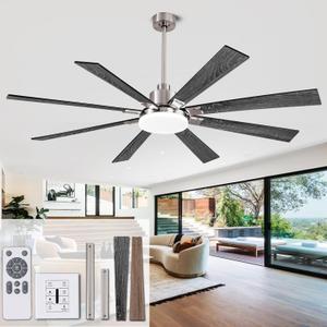 72 Large Ceiling Fans, Ceiling Fan with Remote Control and Wall Switch, 6-Speed Reversible Silent DC Motor, Dual Finish 8 Blades, Indoor/Outdoor Gray Contemporary Ceiling Fan for Living Room, Patio (Black)