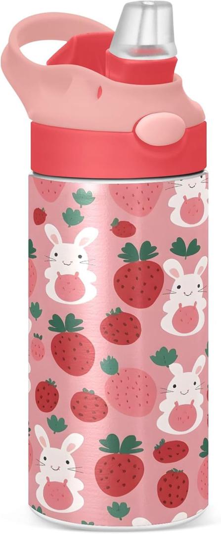 Burbuja Bunny Strawberry Kids Water Bottle, BPA Free Vacuum Insulated Stainless Steel Water Bottle with Straw Lid for Boys Girls, Leak-Proof, 12 oz (A35)