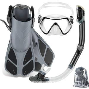 ZEEPORTE Mask Fin Snorkel Set, Travel Size Snorkeling Gear for Adults with Panoramic View Anti-Fog Mask, Trek Fins, Dry Top Snorkel and Gear Bag for Swimming Training, Snorkeling Kit Diving Packages (Small-Medium, Grey)