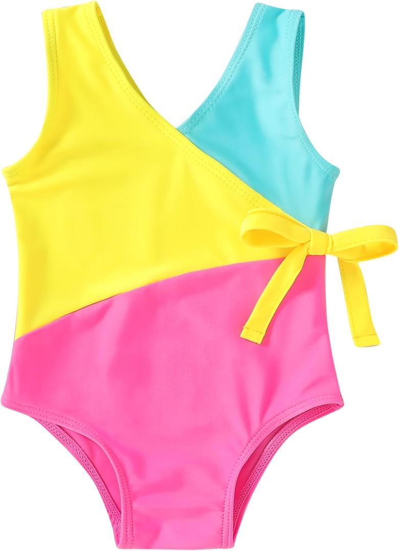 Happy Town Toddler Swimsuit Girl One Piece Bathing Suit Color Block Swimwear Baby Summer Beach Wear (4-5T, Blue Yellow Pink)