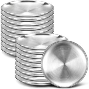 Nuogo 20 Pieces Stainless Steel Silver Plates 6.5 Inch Silver Dinner Plates Metal Serving Tray Dessert Dishes for Bbq, Salad, Snack, Desserts, Food Serving, Outdoor Camping