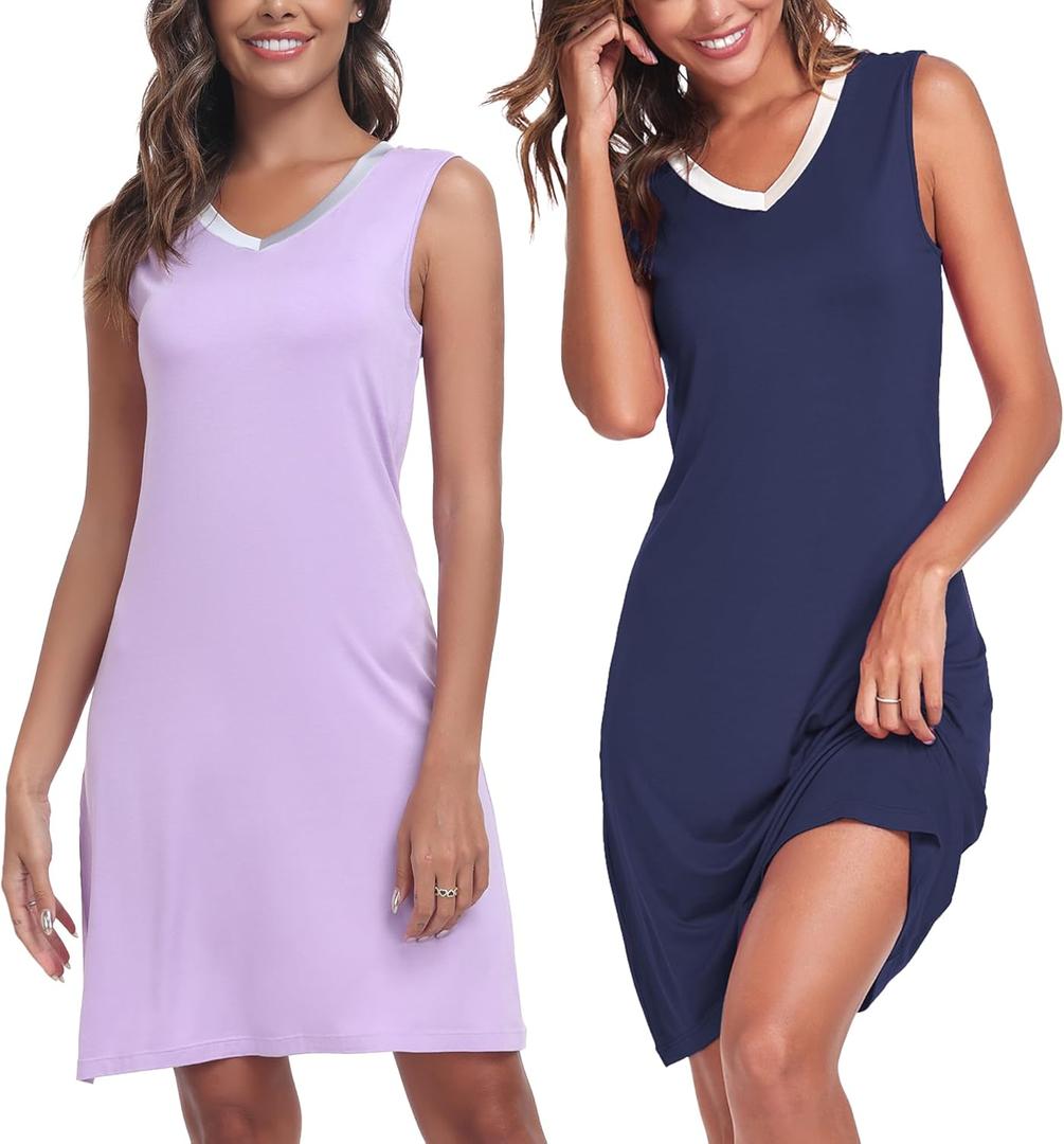 COLORFULLEAF Nightgown for Women Bamboo Sleeveless sleep lounge V Neck Tank Tops Pjs Nightshirts Pajama Dress 1 or 2 Pack (Large, A4-Navy And Light Purple)