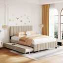 Upholstered Platform Bed, Queen, Beige, Model# 9001