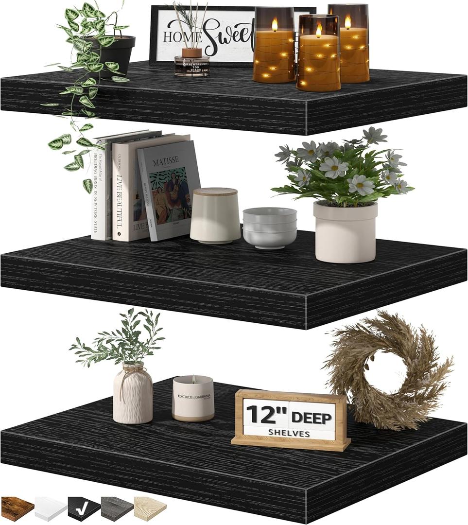 QEEIG 12" Deep Floating Shelves for Wall - 12 x 16 inch Book Shelf Bathroom Bedroom Kitchen Living Room Hanging Bookshelf Farmhouse Set of 3, Black (026-40B3)